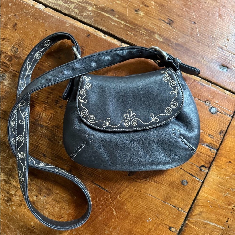 Embroidered Black Leather Crossbody Bag